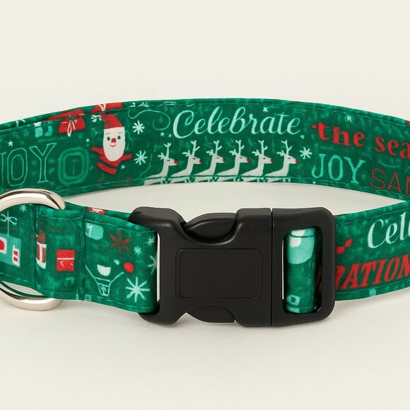 Christmas Dog Collar, Green Holiday Pet Collar, Santa and Reindeer Cotton Collar - Picture 5 of 5